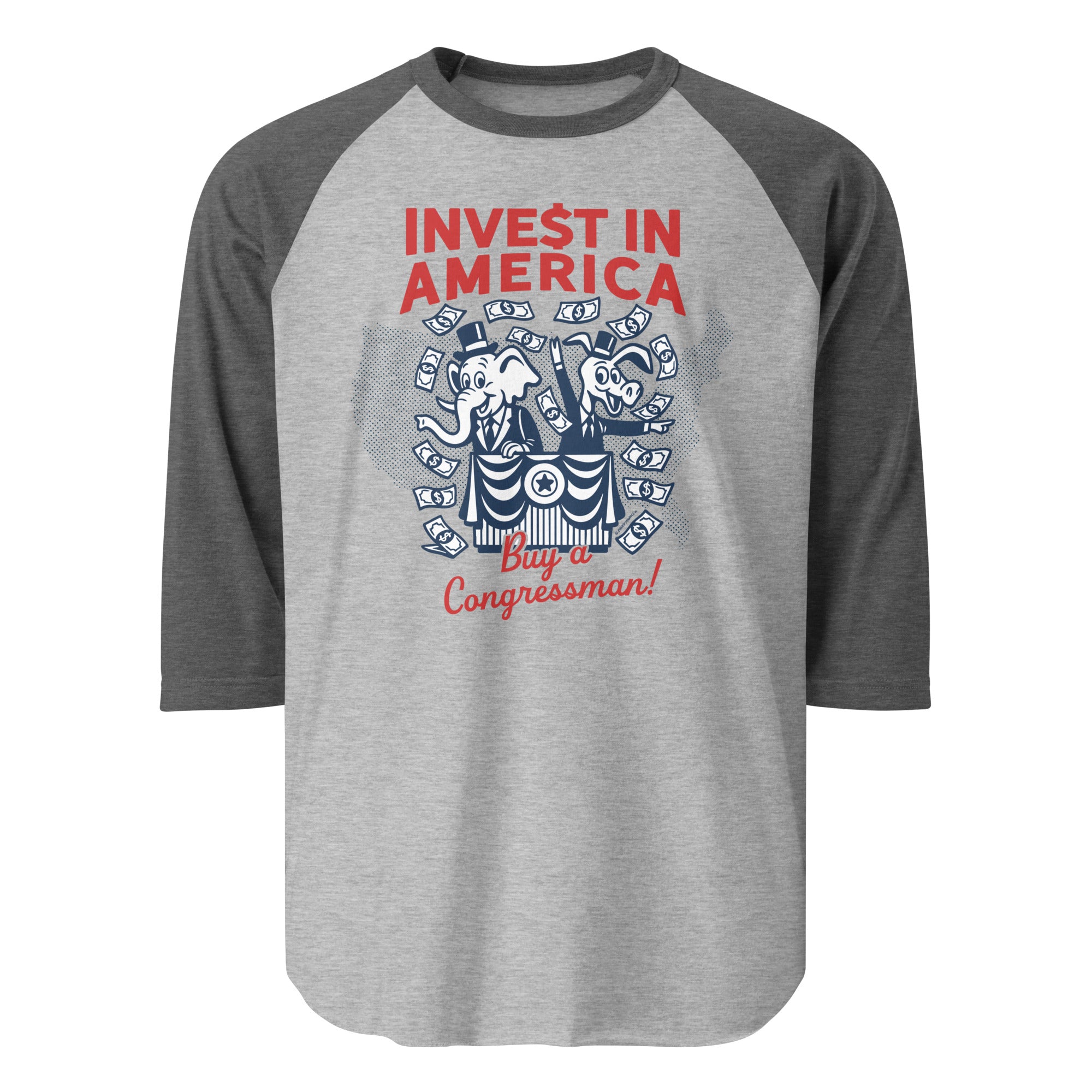 Gray and black baseball shirt with 'Invest in America' and 'Buy a Congressman!' text on a white background