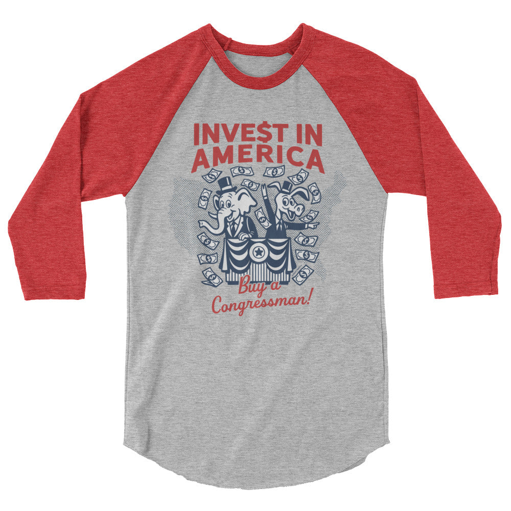 Gray and red baseball shirt with 'Invest in America, Buy a Congressman!' text and graphic on a white background