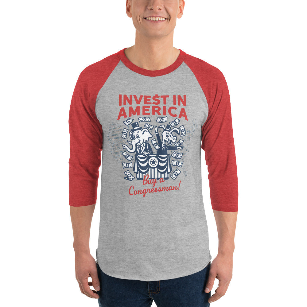 Person wearing a red and gray baseball shirt with political graphic and text.