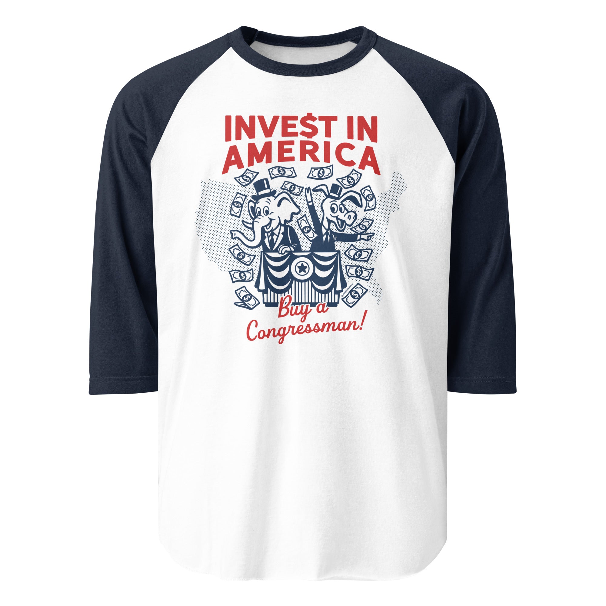 Navy and white baseball shirt with 'Invest in America' and 'Buy a Congressman!' text on a white background