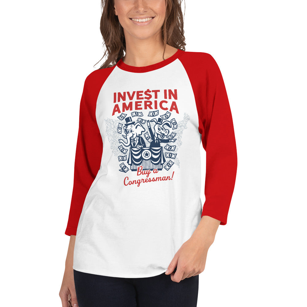 Person wearing a red and white baseball shirt with 'Invest in America' text