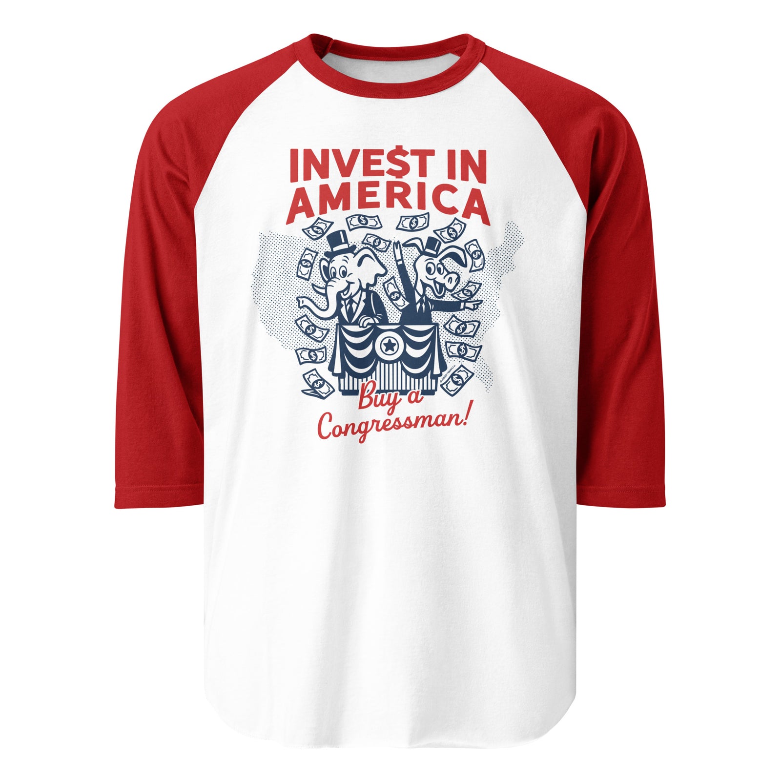 Red and white baseball shirt with 'Invest in America' and 'Buy a Congressman!' text on a white background