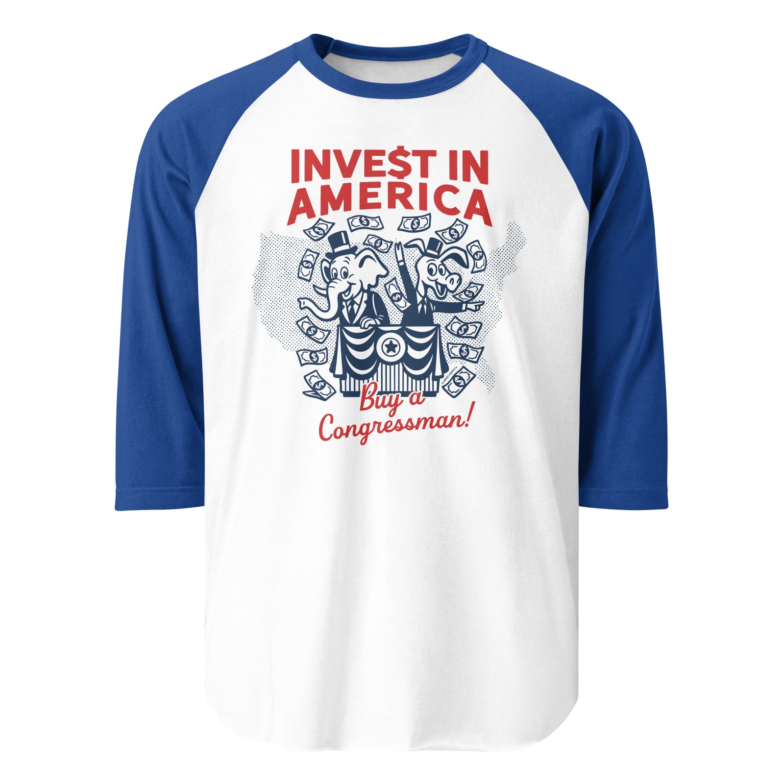 Baseball shirt with 'Invest in America, Buy a Congressman!' text and graphic on a white background
