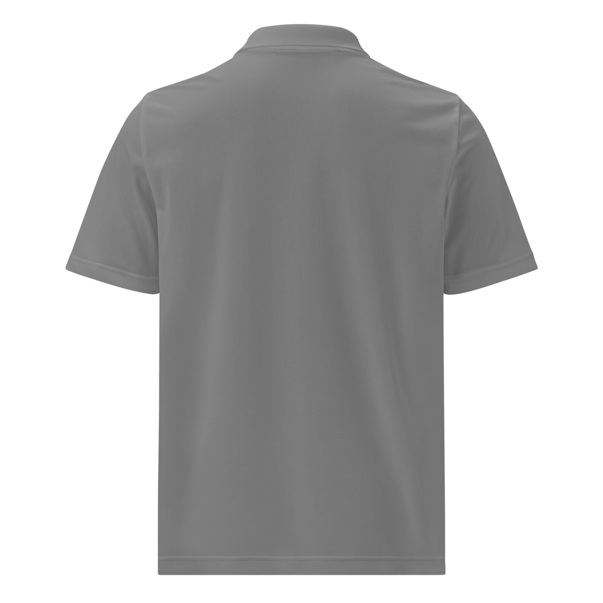 Grey Three adidas sport polo, shaped rear view showing collar, shoulder seams, and relaxed silhouette