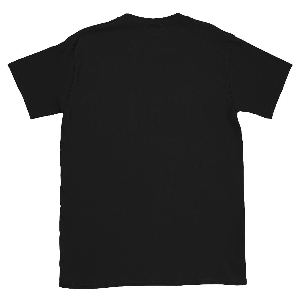Plain back of the black Emma Goldman voting T-shirt by Liberty Maniacs, showing its short sleeves and straight hem.