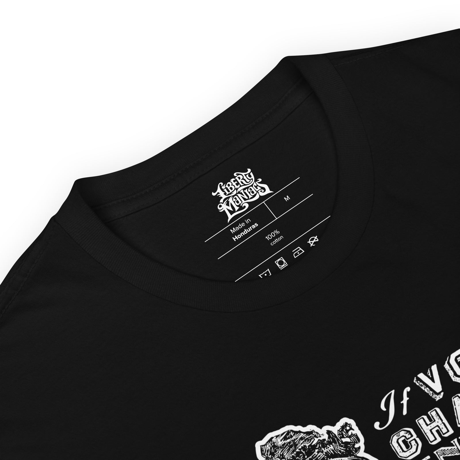 Close-up of the black Emma Goldman shirt’s ribbed crew neck, stitching, and printed Liberty Maniacs neck label.