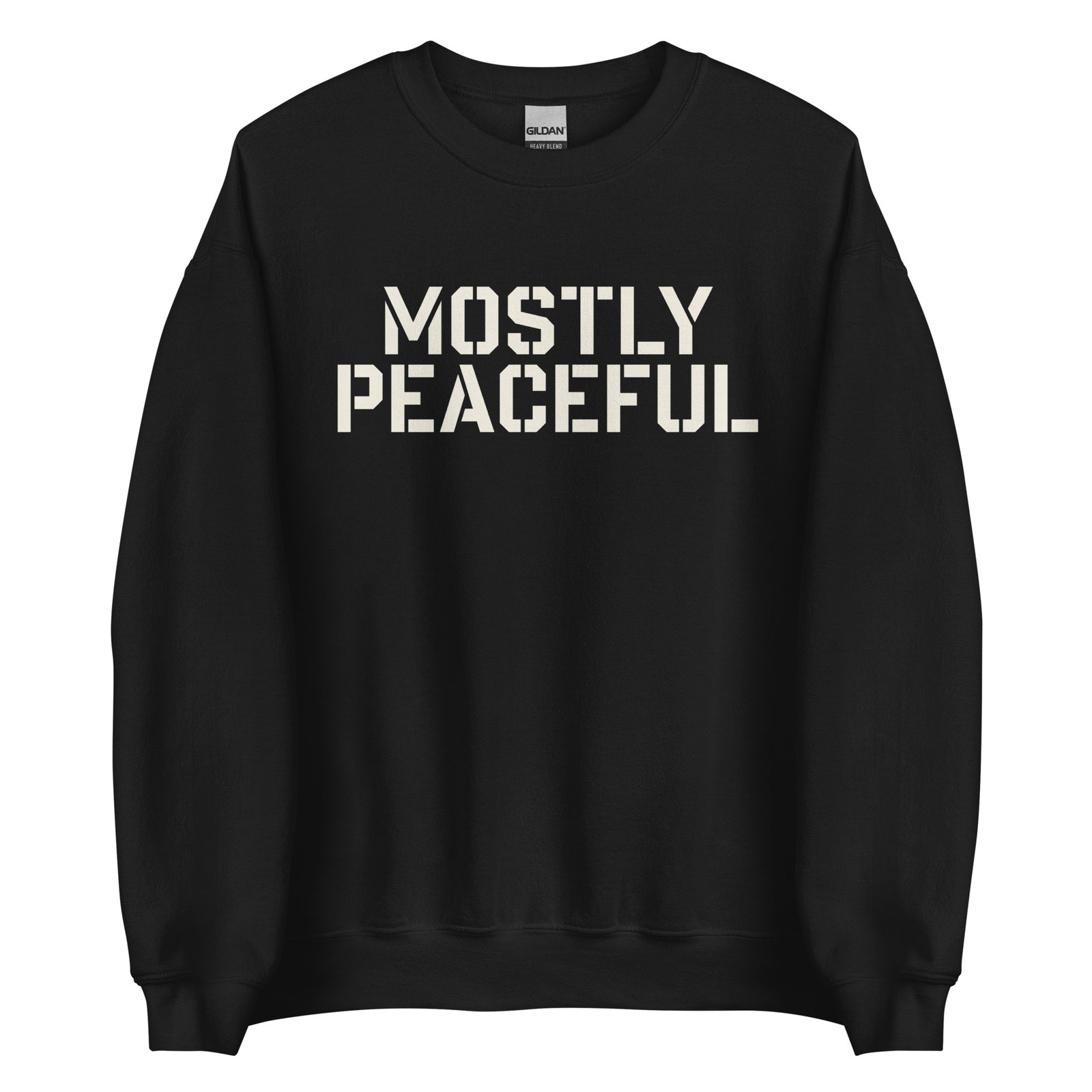 Two people wearing black sweatshirts with 'MOSTLY PEACEFUL' text on a plain background