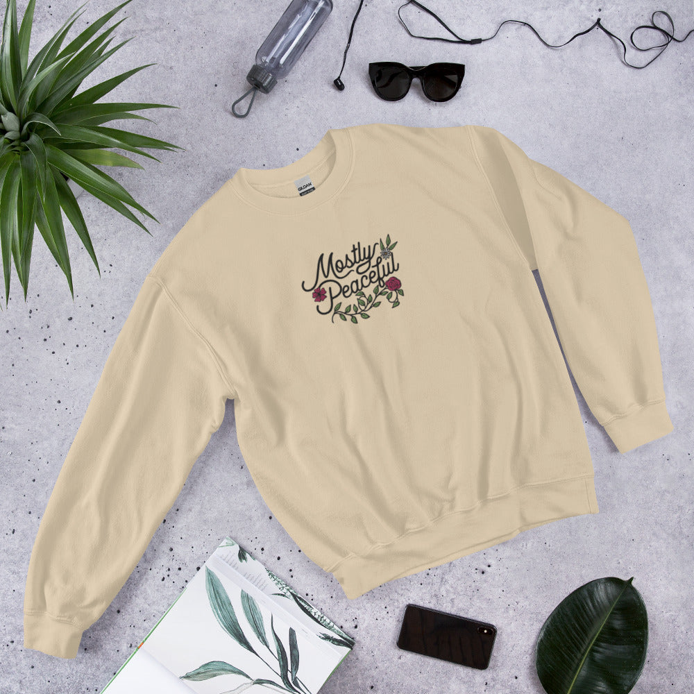 Mostly Peaceful Embroidered Floral Sweatshirt
