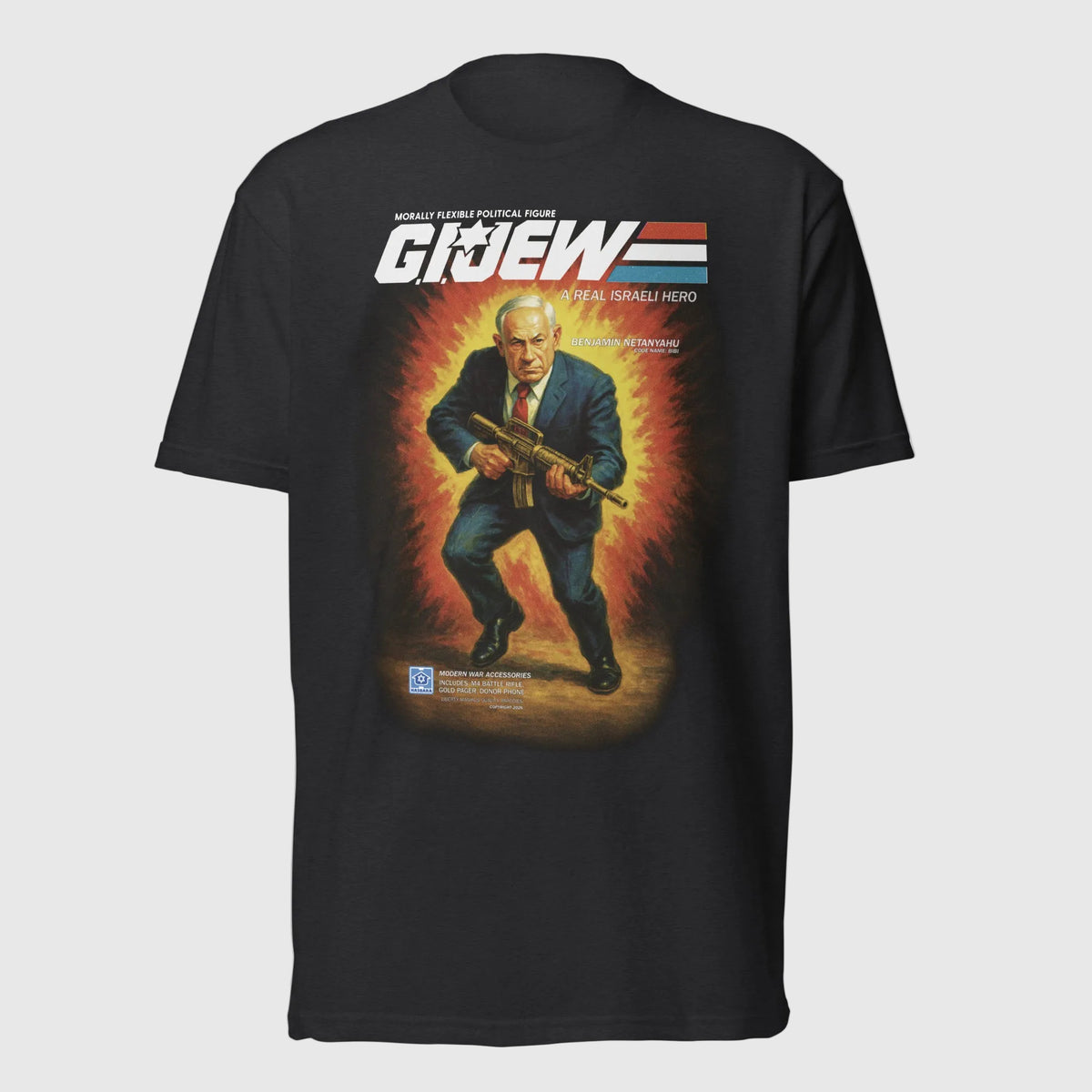 Black t-shirt with a graphic design of a man in a suit holding a rifle, with 'G.I. Joe' text above.
