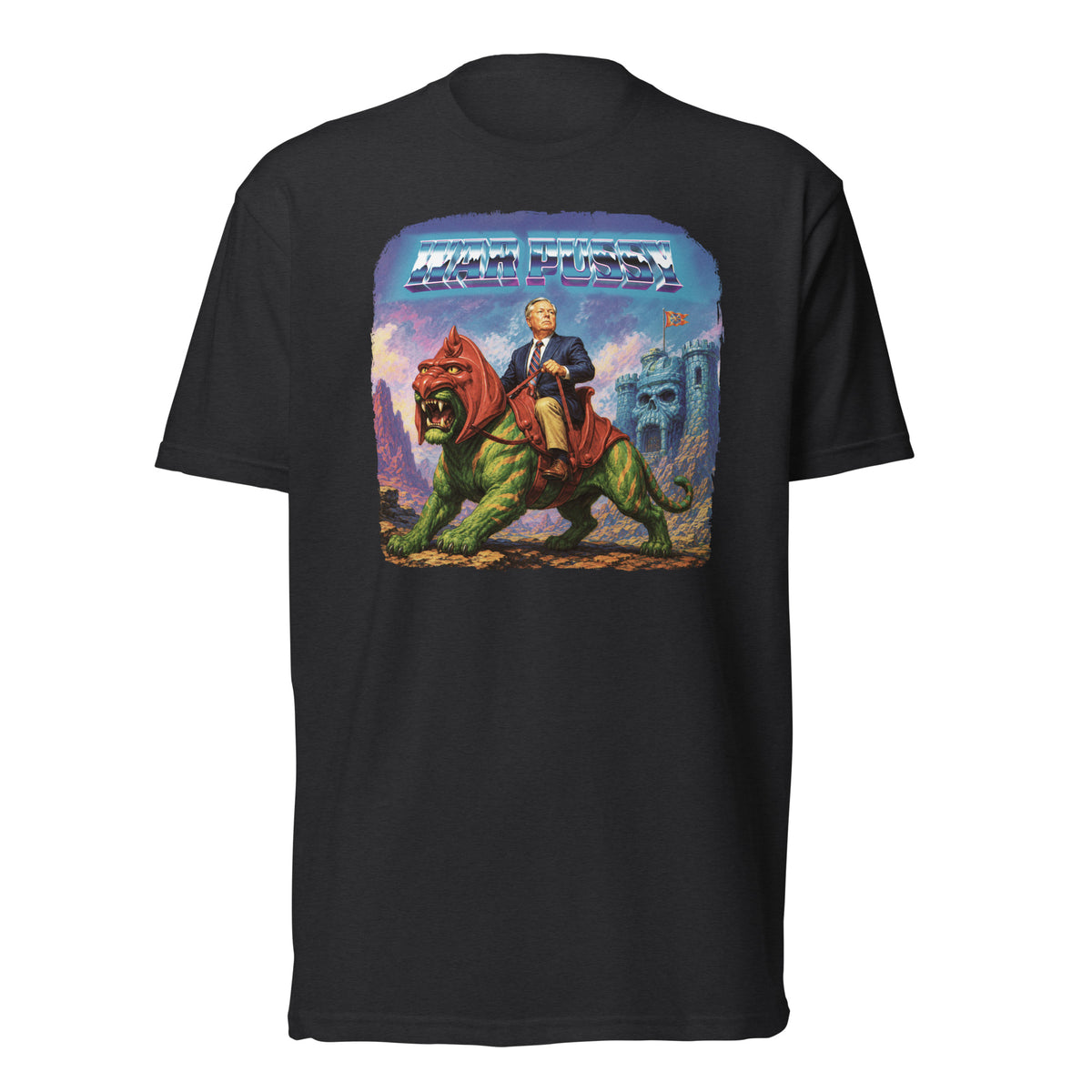 Black t-shirt with a graphic design of a character riding a creature on a white background