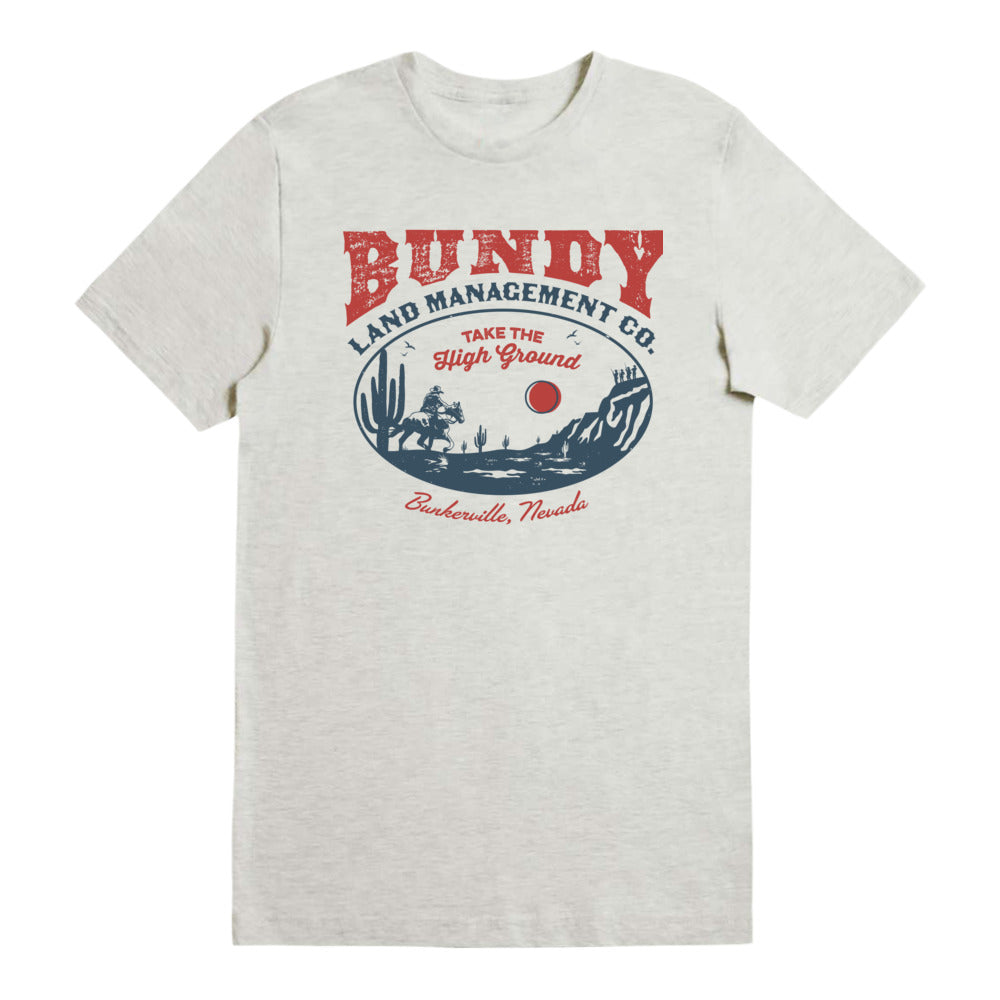 Bundy Land Management Co. graphic T-shirt in oatmeal heather, front view