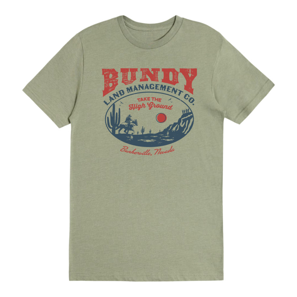 Bundy Land Management Co. graphic T-shirt in olive heather, front view