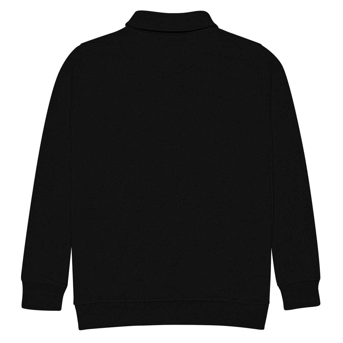 Black fleece quarter-zip pullover from the back, showing plain back, long sleeves, and ribbed cuffs and waistband