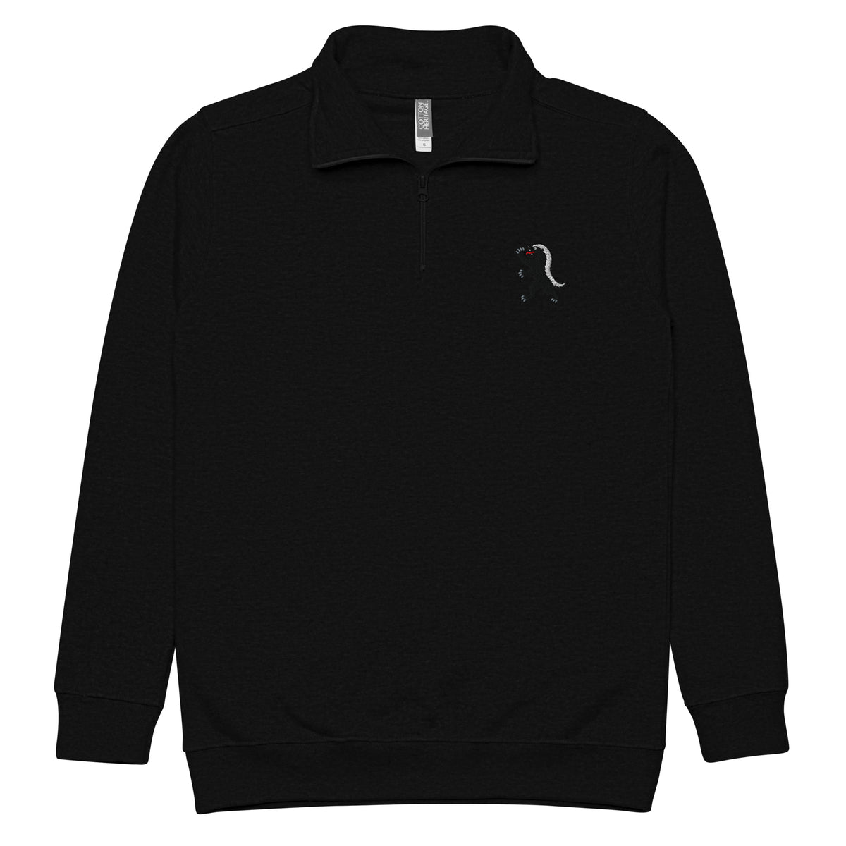 Heraldic Honey Badger Fleece Quarter-Zip Pullover in Black, full front view with embroidered chest emblem and matching zipper