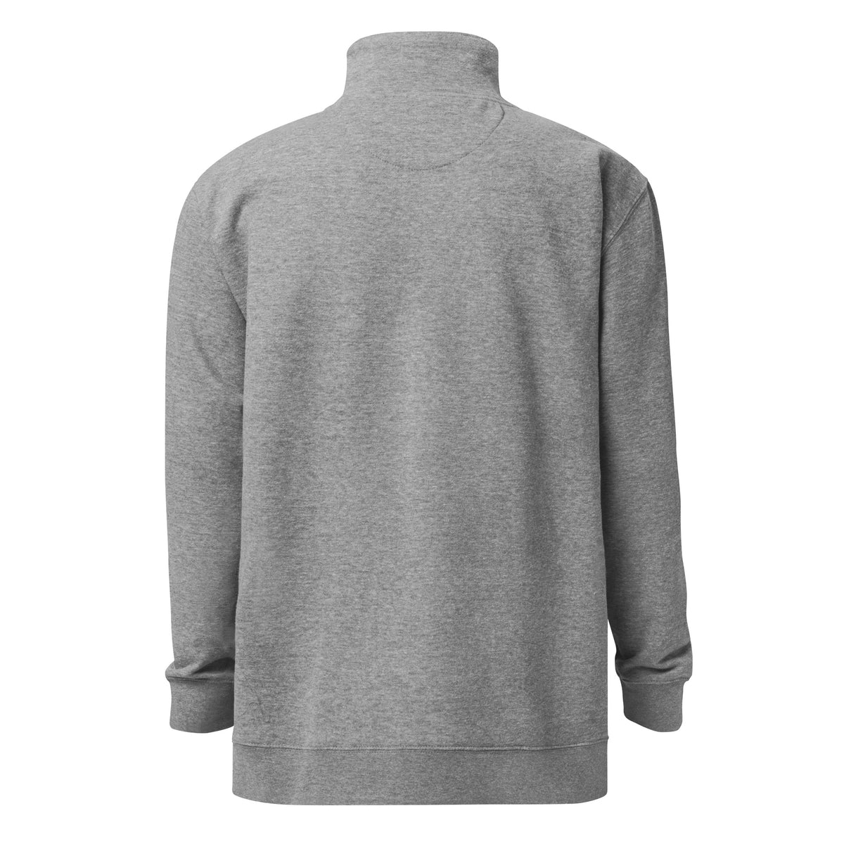 Carbon Grey fleece quarter-zip pullover, shaped back view showing plain back, raised collar, and ribbed waistband