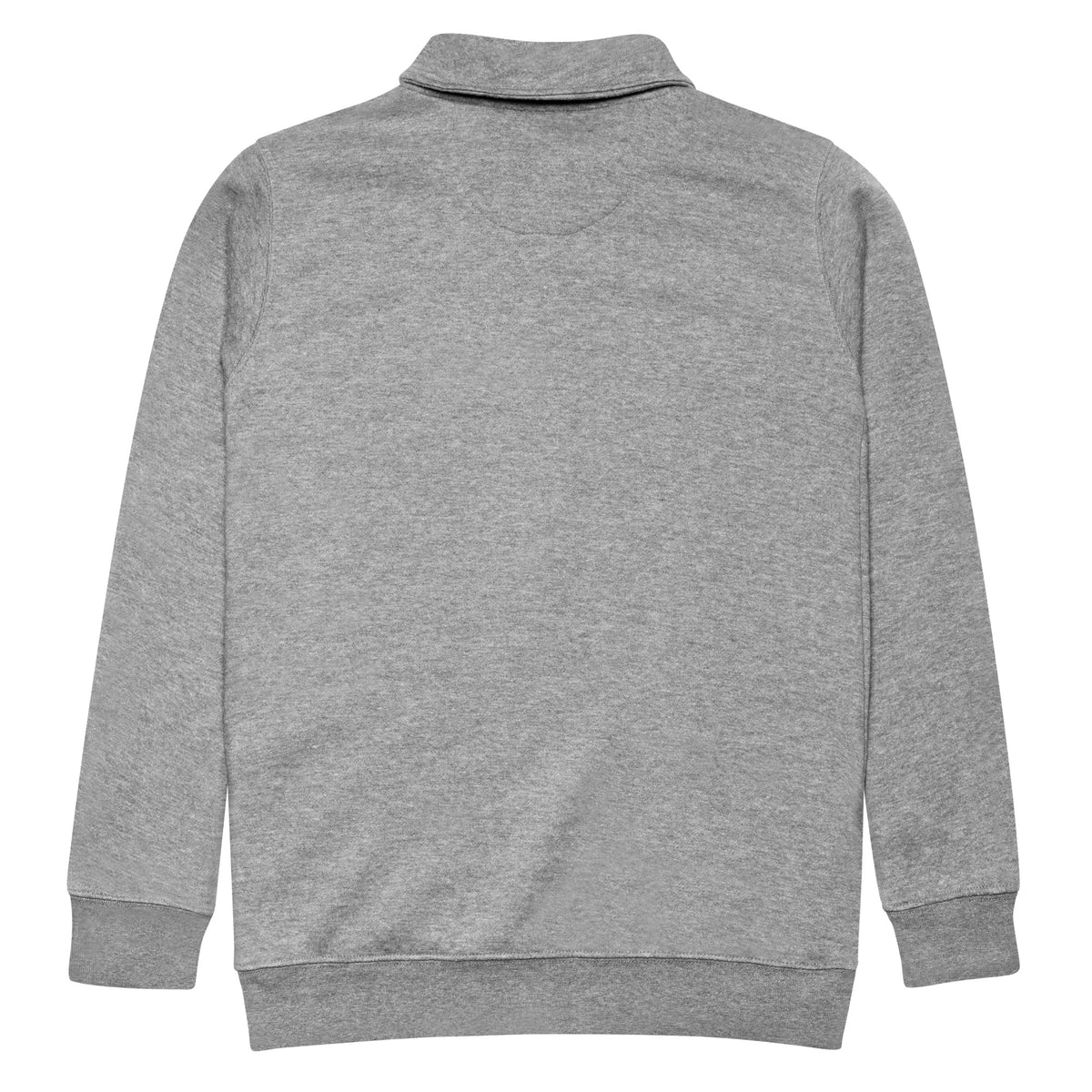 Carbon Grey fleece quarter-zip pullover, flat back view showing heathered fabric, folded collar, and ribbed hem