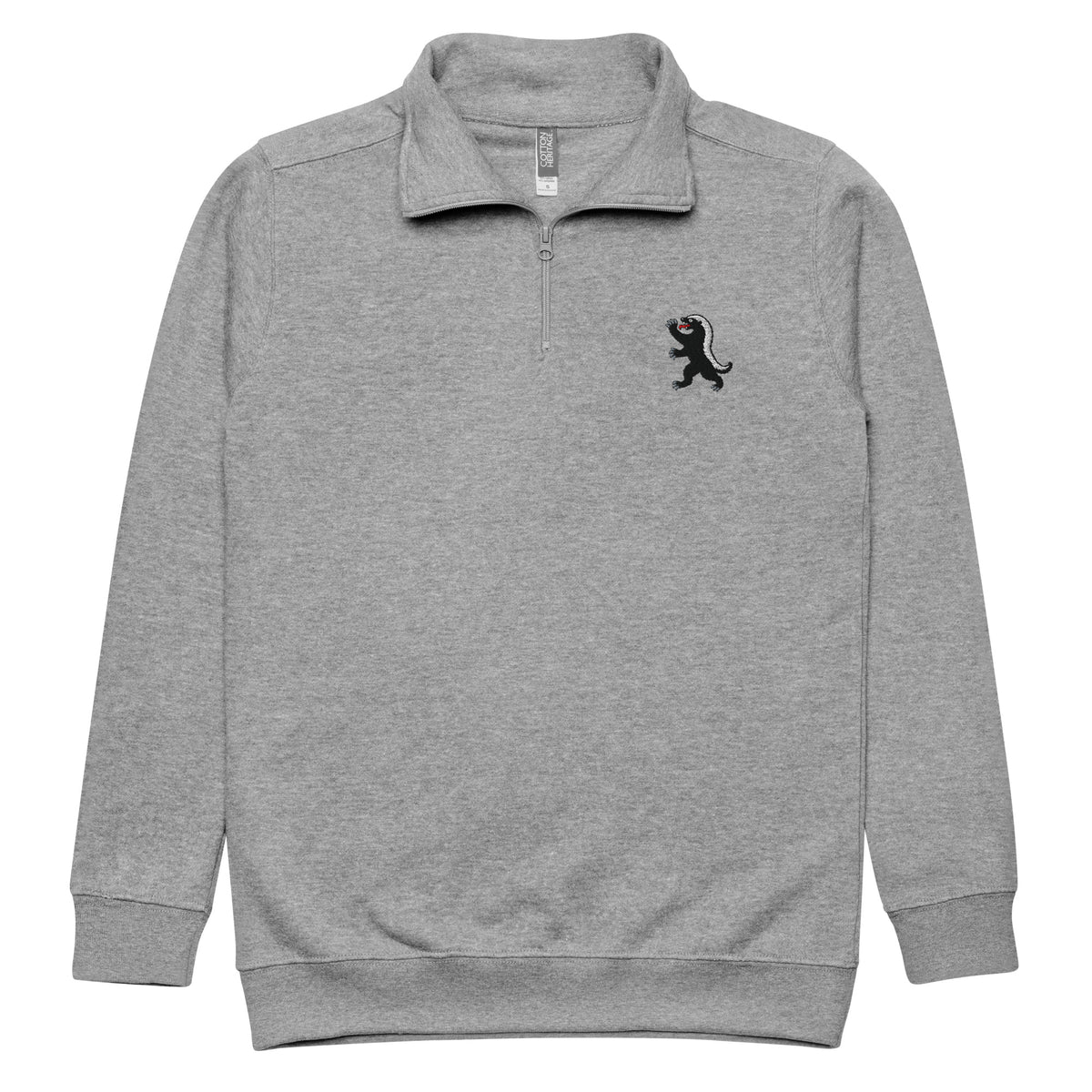 Heraldic Honey Badger Fleece Quarter-Zip Pullover in Carbon Grey, front view with chest embroidery, open collar, and ribbed cuffs