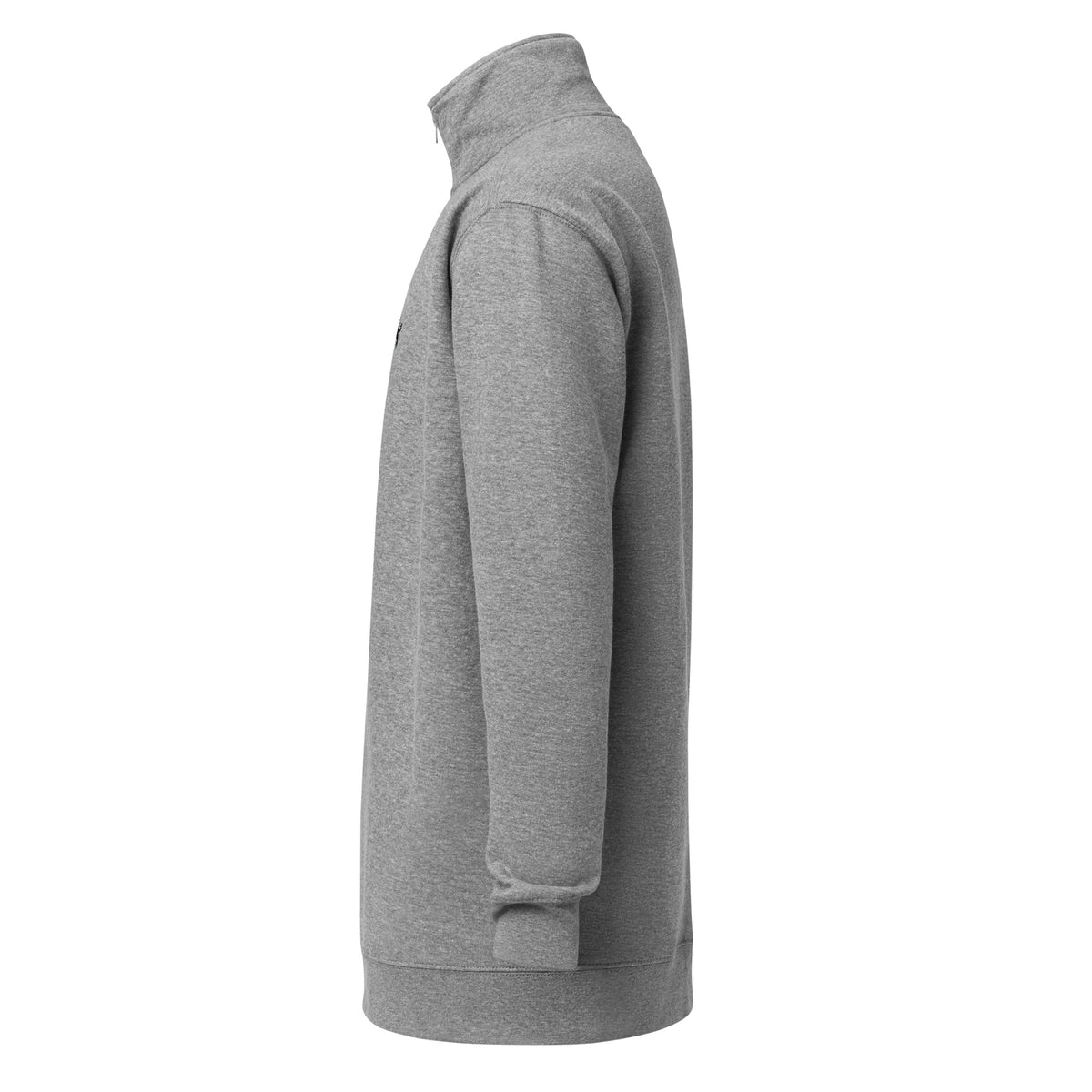 Left-side view of the Carbon Grey fleece quarter-zip pullover, showing long sleeve, ribbed cuff, and waistband