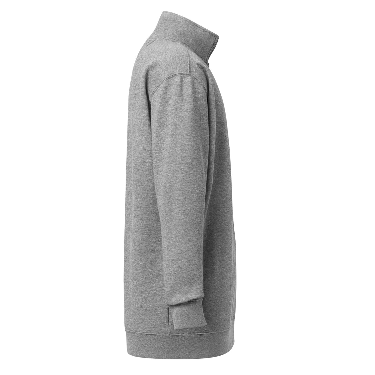 Right-side view of the Carbon Grey fleece quarter-zip pullover, showing stand collar, sleeve, and side seam