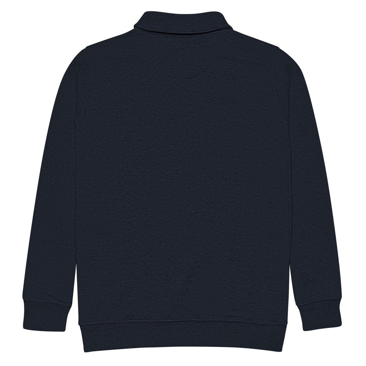 Back of the Navy fleece quarter-zip pullover, showing plain back and ribbed cuffs and waistband