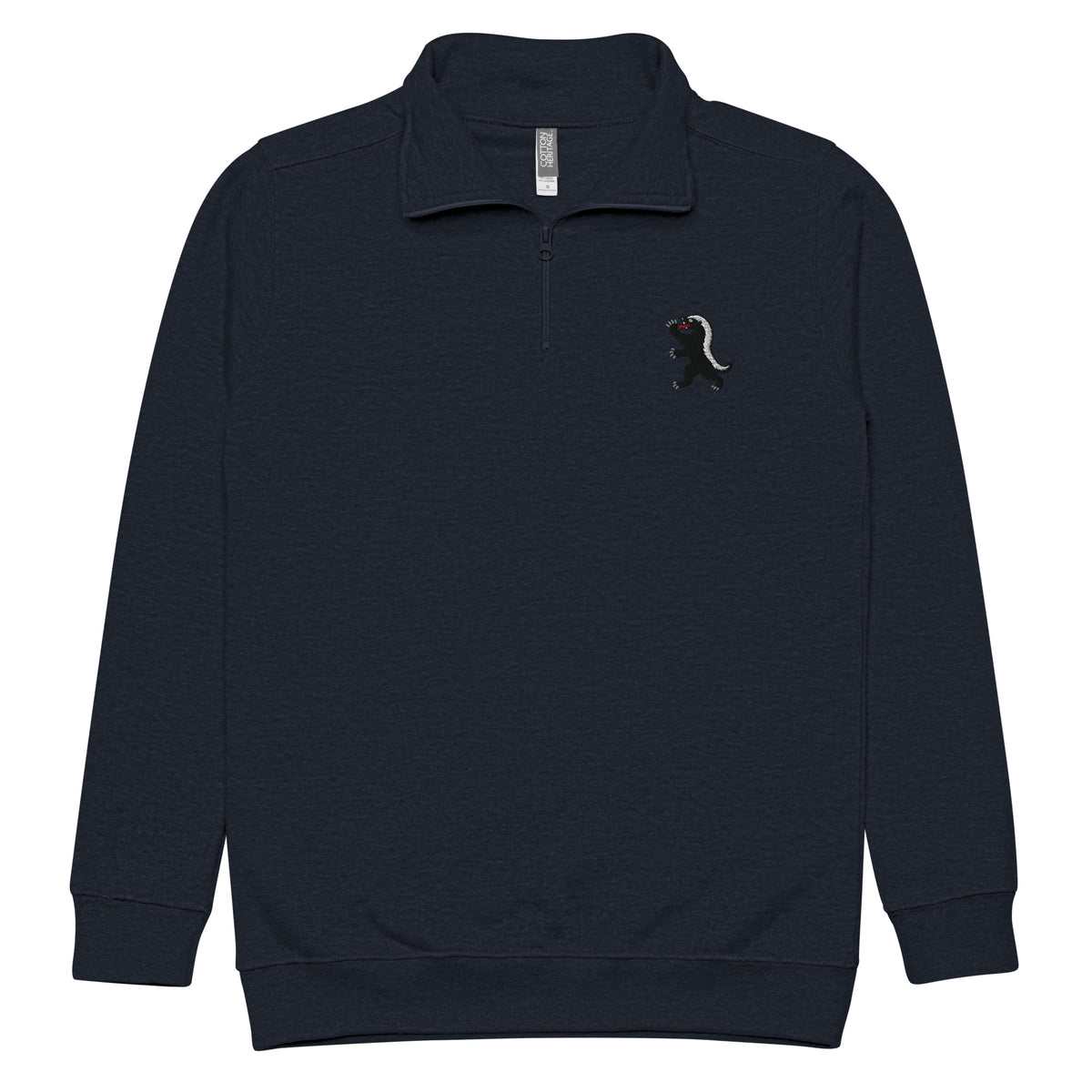 Navy Heraldic Honey Badger fleece quarter-zip pullover, front view with embroidered left-chest emblem and open collar