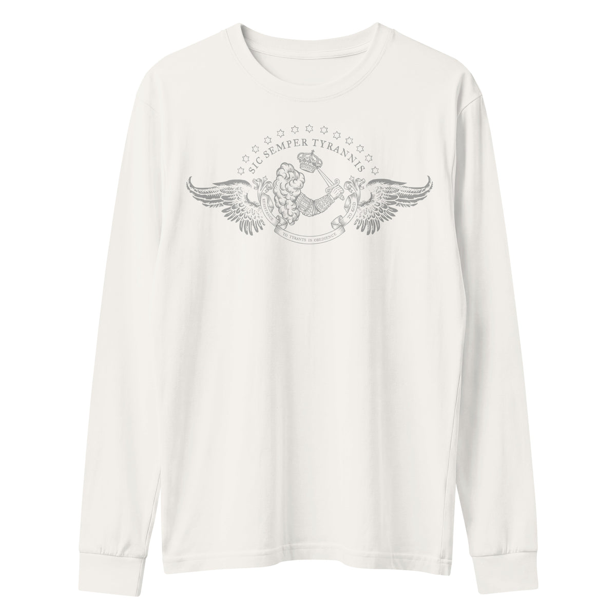 An off-white long-sleeve t-shirt with a gray graphic print on the chest depicting an eagle and the text Sic Seper Tyrannis - Liberty Maniacs