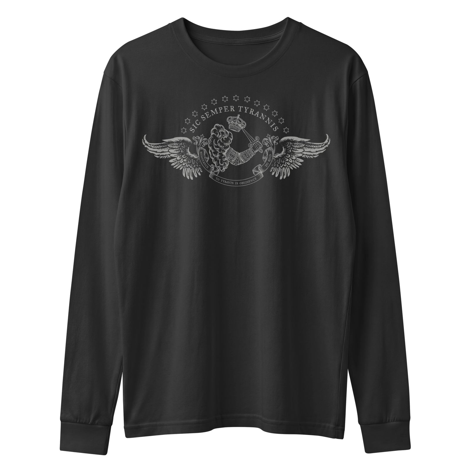 A black long-sleeve crewneck shirt with a gray graphic print on the chest featuring a winged emblem and the text Sic Seper Tyrannis - Liberty Maniacs