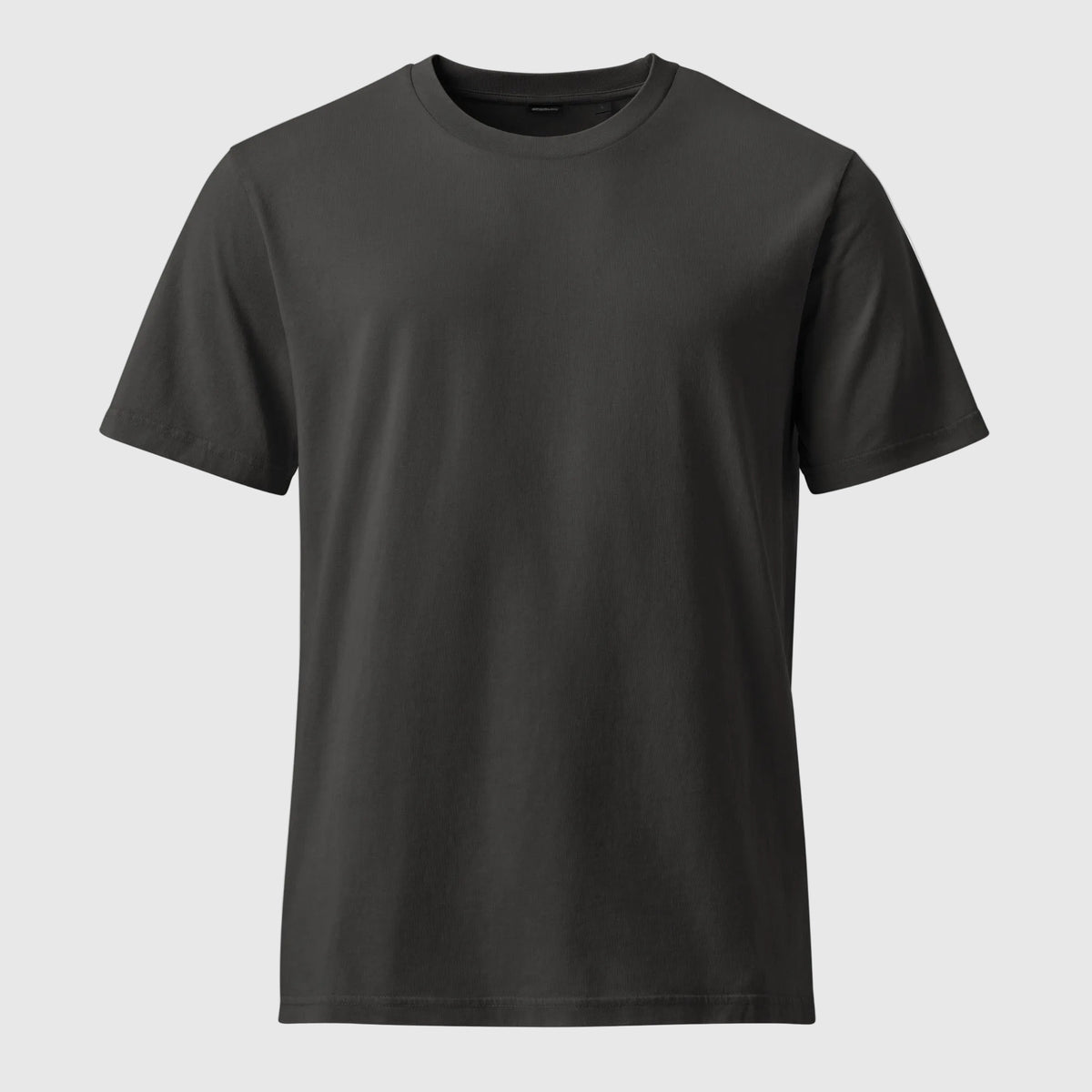Front view of black garment-dyed t-shirt with relaxed fit and clean, minimal design