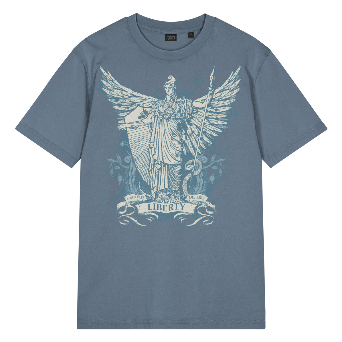 Garment-dyed vintage t-shirt featuring Dan McCall’s Libertas artwork with the Roman goddess of liberty holding the Constitution and spear above a rattlesnake.