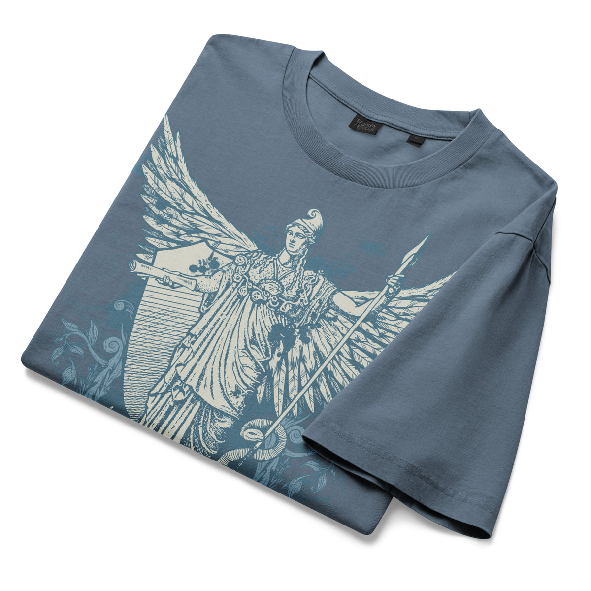 Garment-dyed vintage t-shirt featuring Dan McCall’s Libertas artwork with the Roman goddess of liberty holding the Constitution and spear above a rattlesnake.