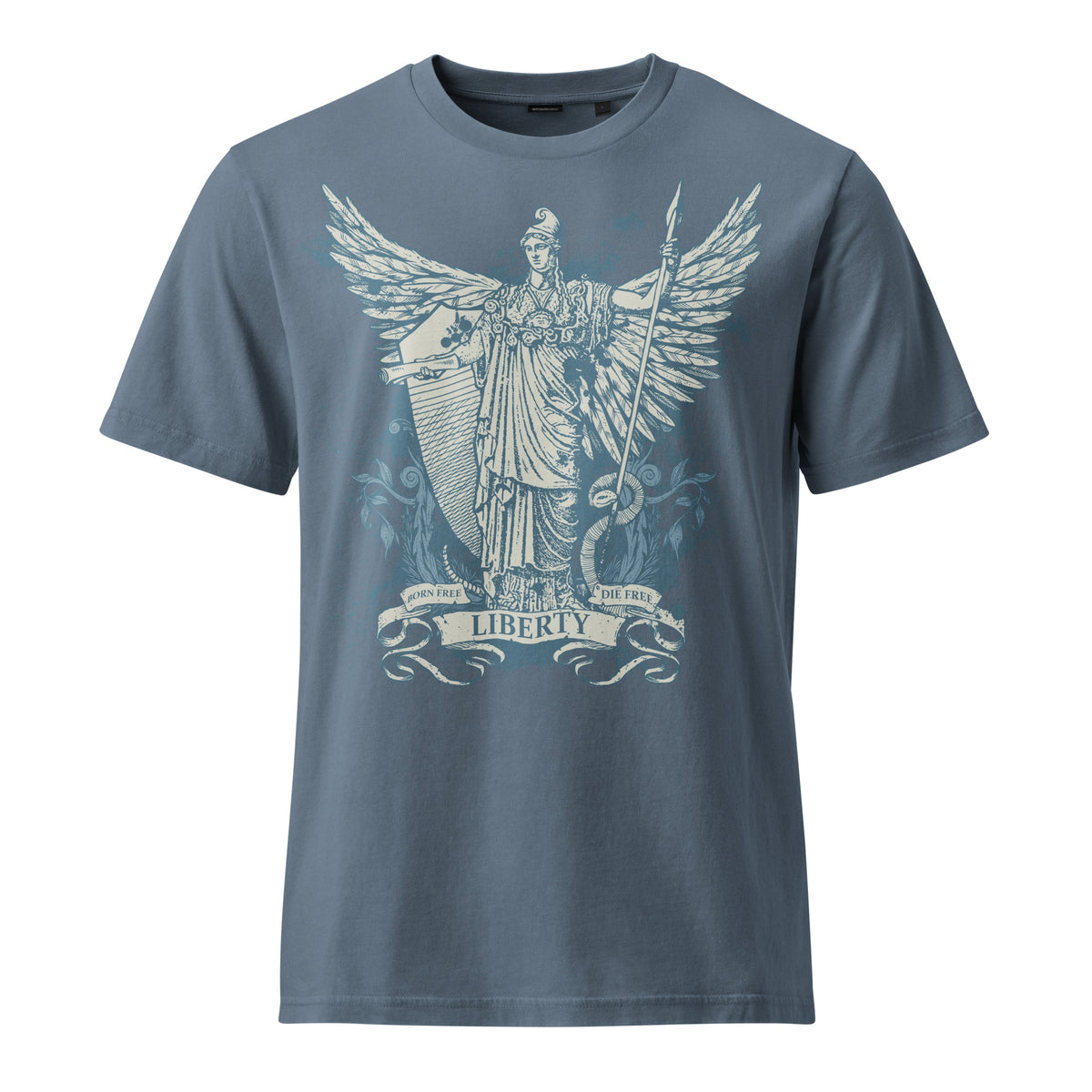 Garment-dyed vintage t-shirt featuring Dan McCall’s Libertas artwork with the Roman goddess of liberty holding the Constitution and spear above a rattlesnake.