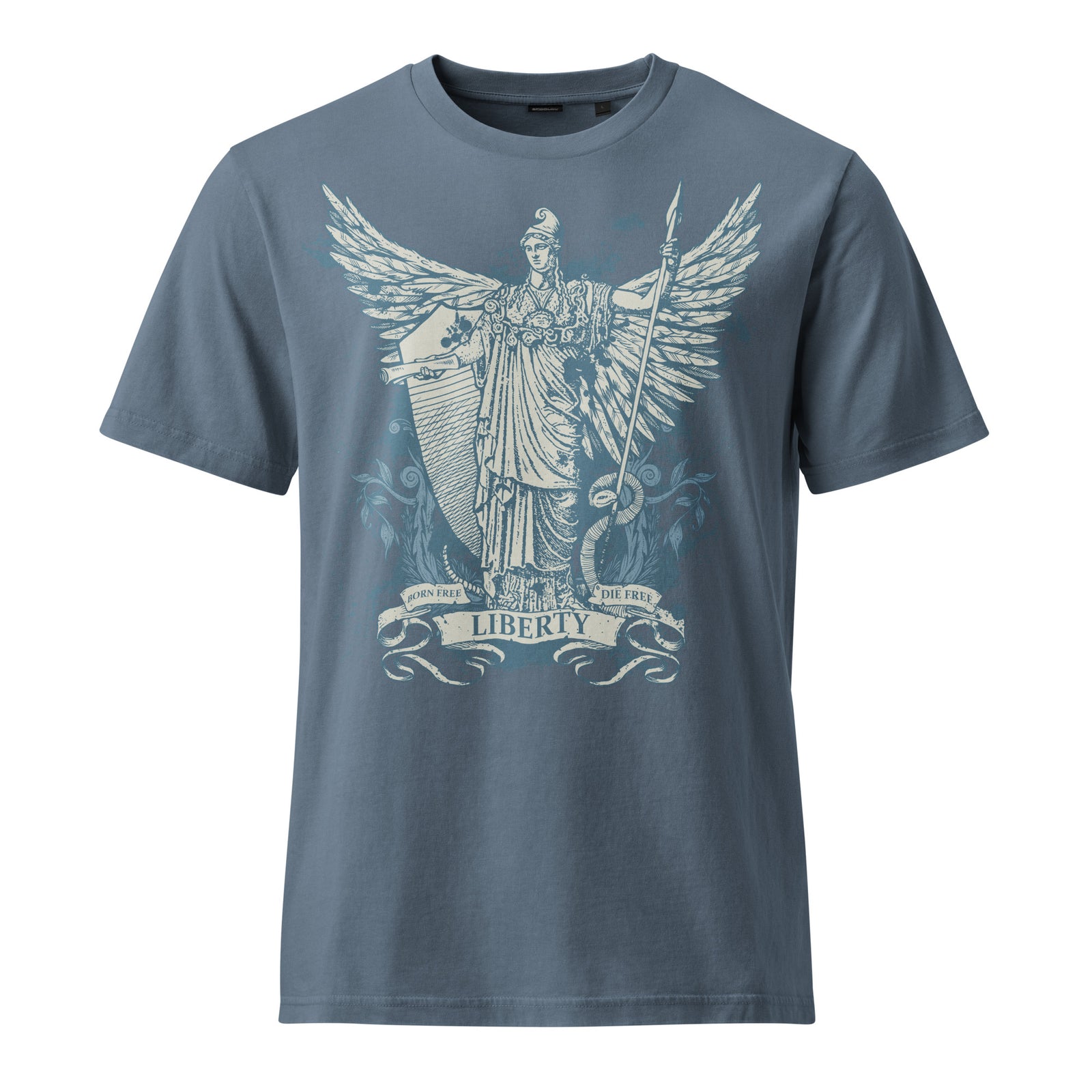 Garment-dyed vintage t-shirt featuring Dan McCall’s Libertas artwork with the Roman goddess of liberty holding the Constitution and spear above a rattlesnake.