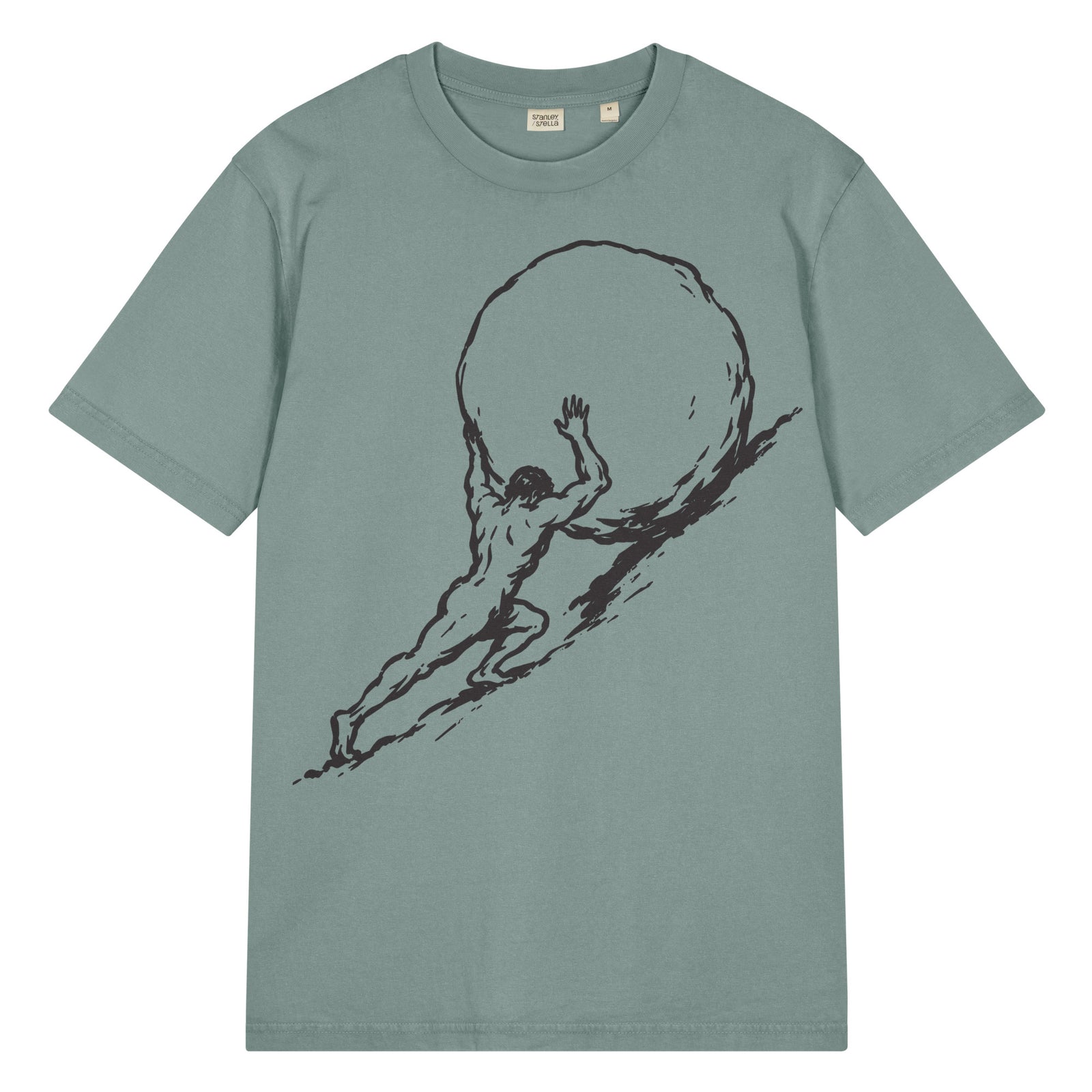 Green t-shirt with a black graphic of a person lifting a large ball on a white background