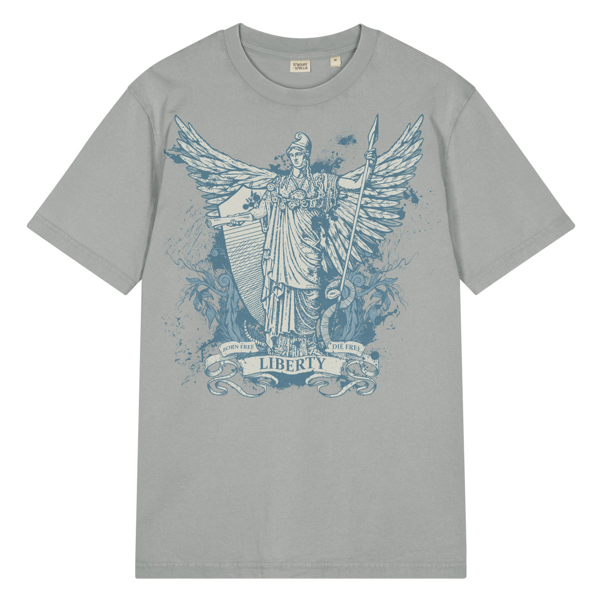 Garment-dyed vintage t-shirt featuring Dan McCall’s Libertas artwork with the Roman goddess of liberty holding the Constitution and spear above a rattlesnake.