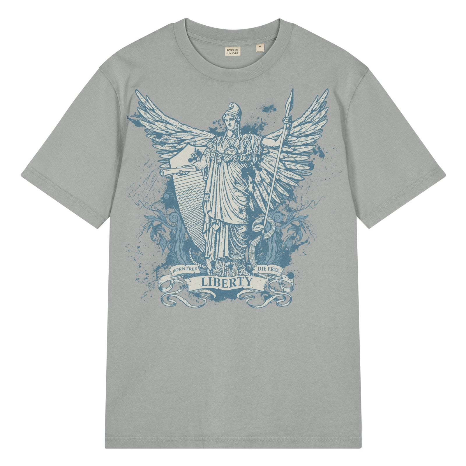 Garment-dyed vintage t-shirt featuring Dan McCall’s Libertas artwork with the Roman goddess of liberty holding the Constitution and spear above a rattlesnake.