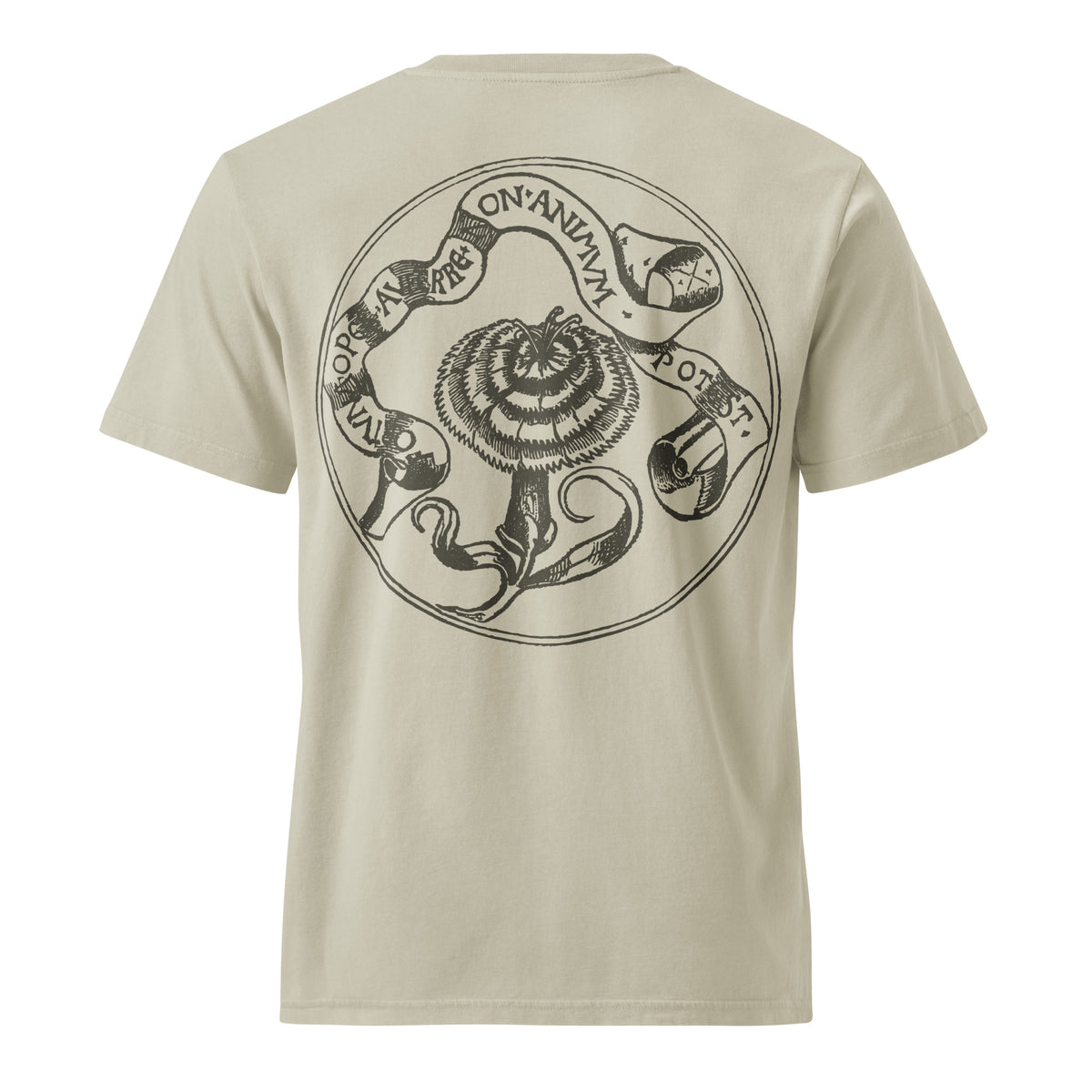 Beige t-shirt with a black circular design on the back featuring an octopus and text.