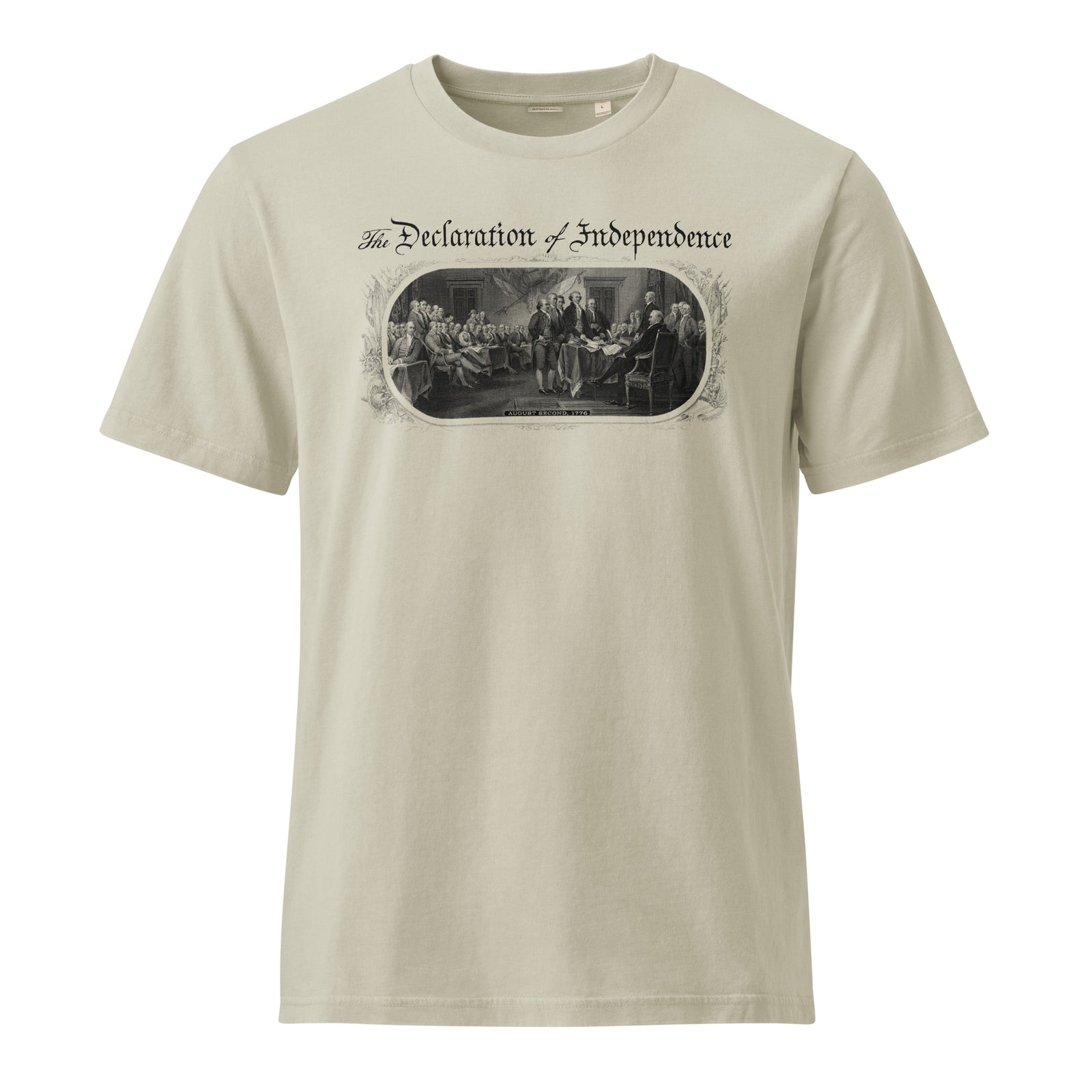 Man wearing a t-shirt with 'The Declaration of Independence' graphic design.