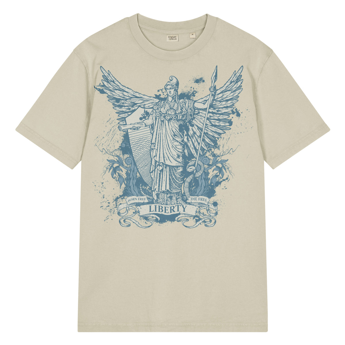 Garment-dyed vintage t-shirt featuring Dan McCall’s Libertas artwork with the Roman goddess of liberty holding the Constitution and spear above a rattlesnake.