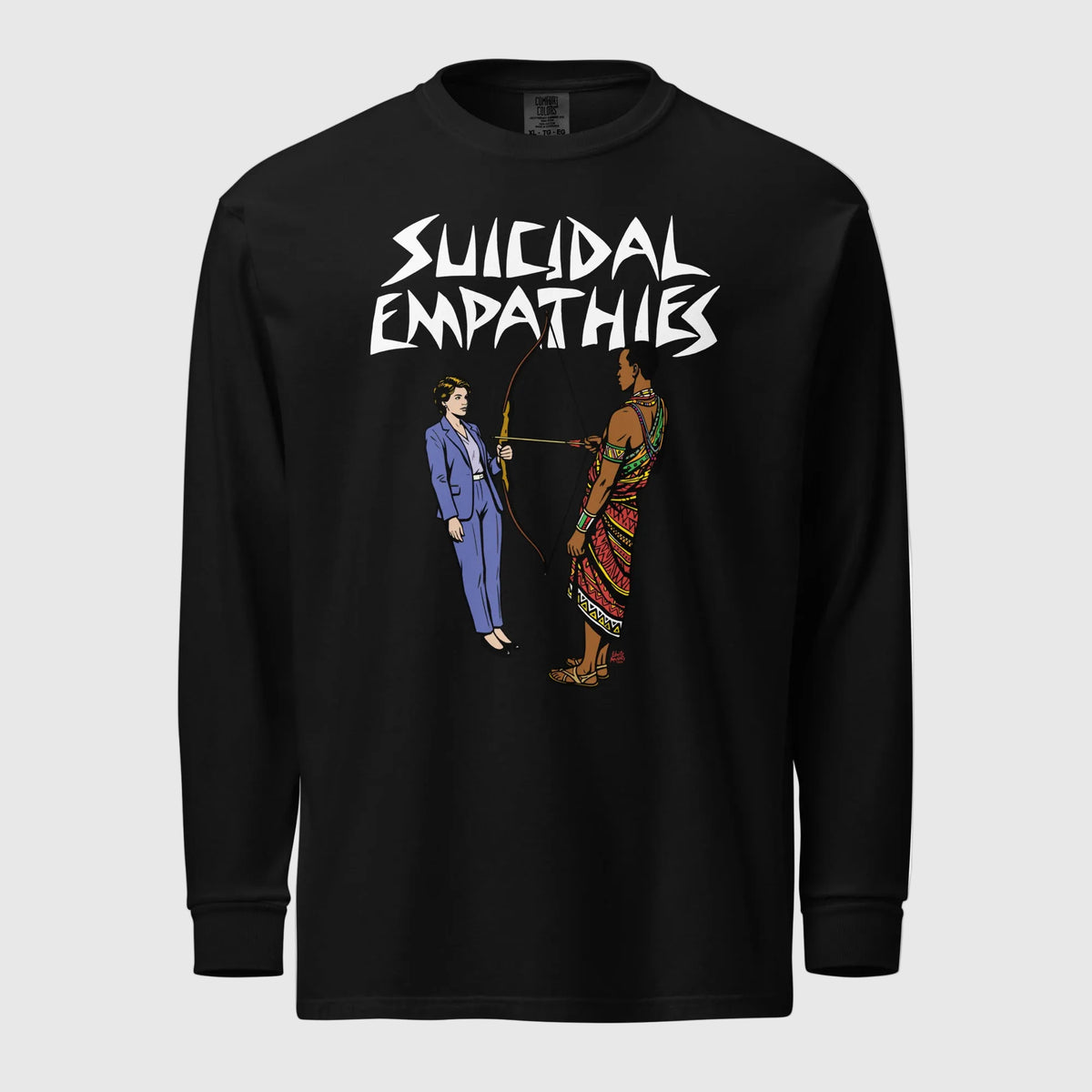 Black long-sleeve shirt with 'Suicidal Empathies' graphic design on a white background