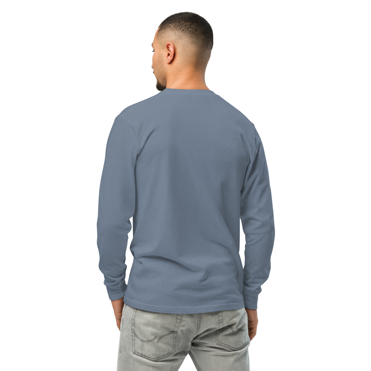 Back view of a model in a denim blue Sic Semper Tyrannis Garment-dyed Long-sleeve by Liberty Maniacs