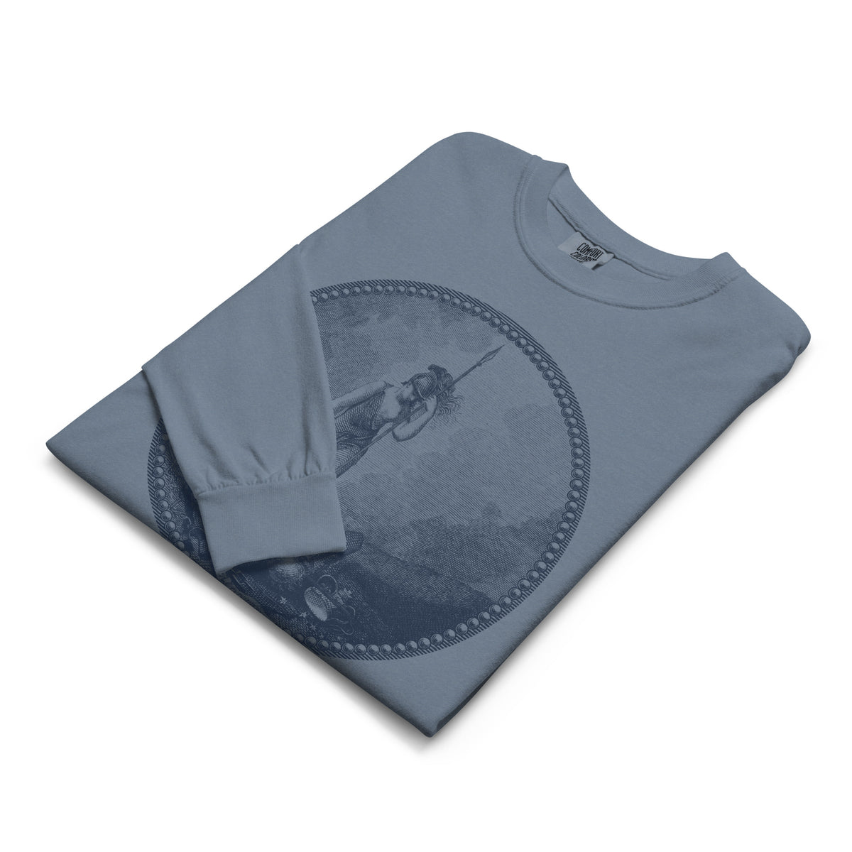 Folded denim blue Sic Semper Tyrannis Garment-dyed Long-sleeve by Liberty Maniacs lying on a white background.