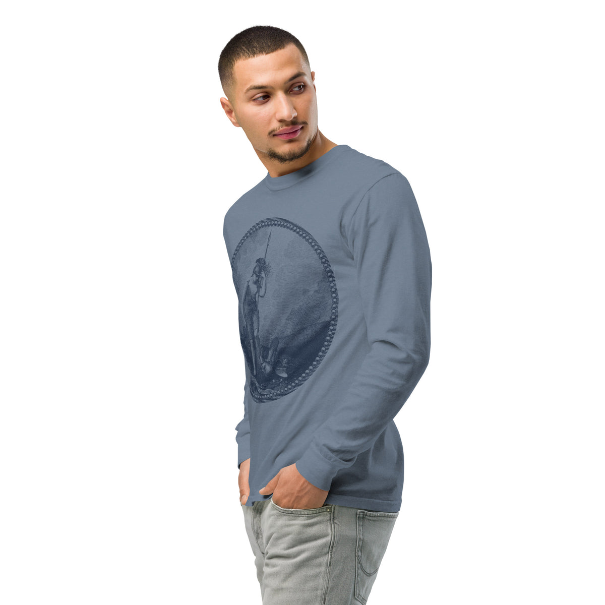 Model in a Sic Semper Tyrannis Garment-dyed Long-sleeve by Liberty Maniacs