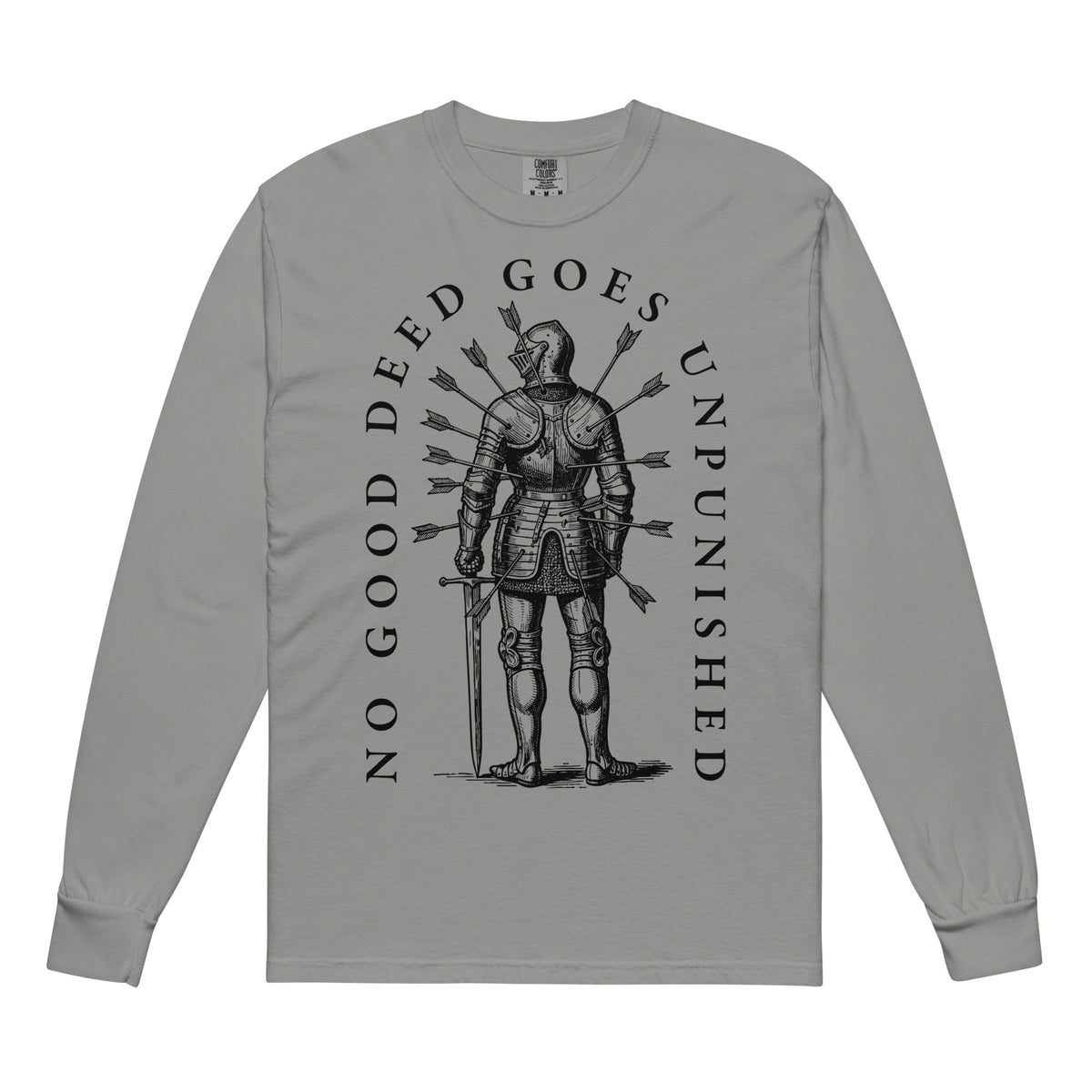 Front print shows a full knight pierced by arrows with the phrase “No Good Deed Goes Unpunished.” Back print features a knight’s helmet with an arrow through it and the Latin motto Virtus Vulnerata Vincit.