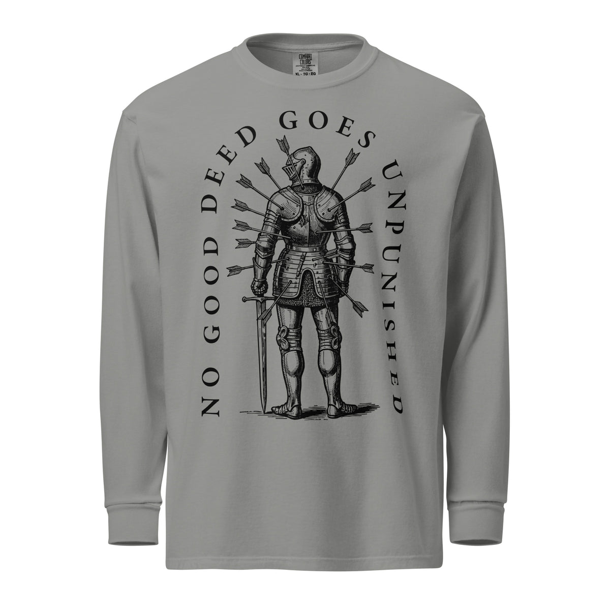 Front print shows a full knight pierced by arrows with the phrase “No Good Deed Goes Unpunished.” Back print features a knight’s helmet with an arrow through it and the Latin motto Virtus Vulnerata Vincit.