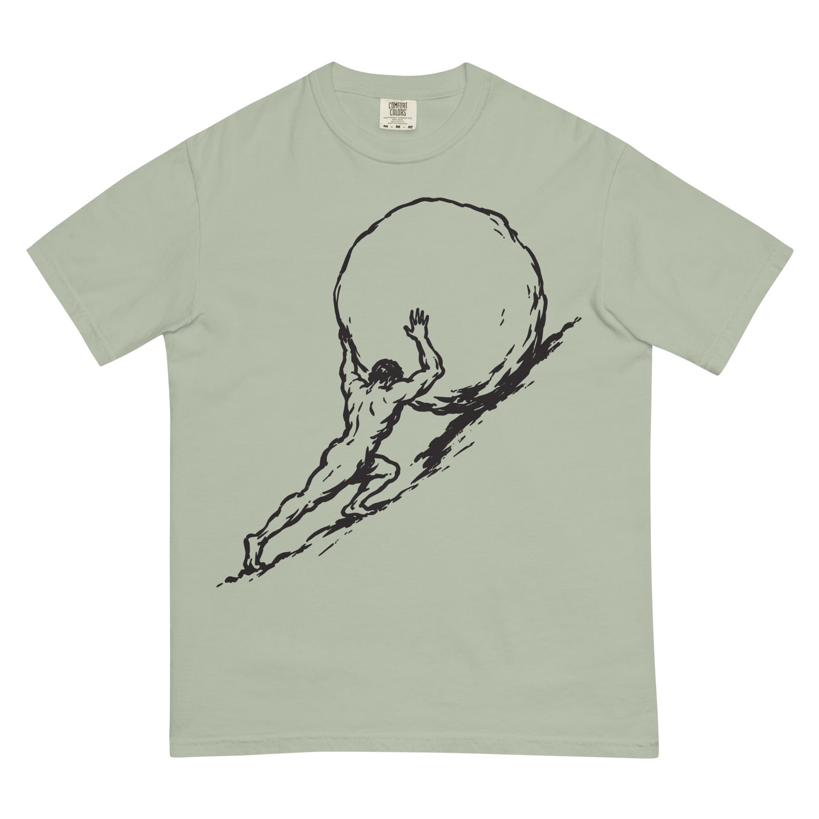 Light green Sisyphus t-shirt with black graphic of a person lifting a large ball on a white background