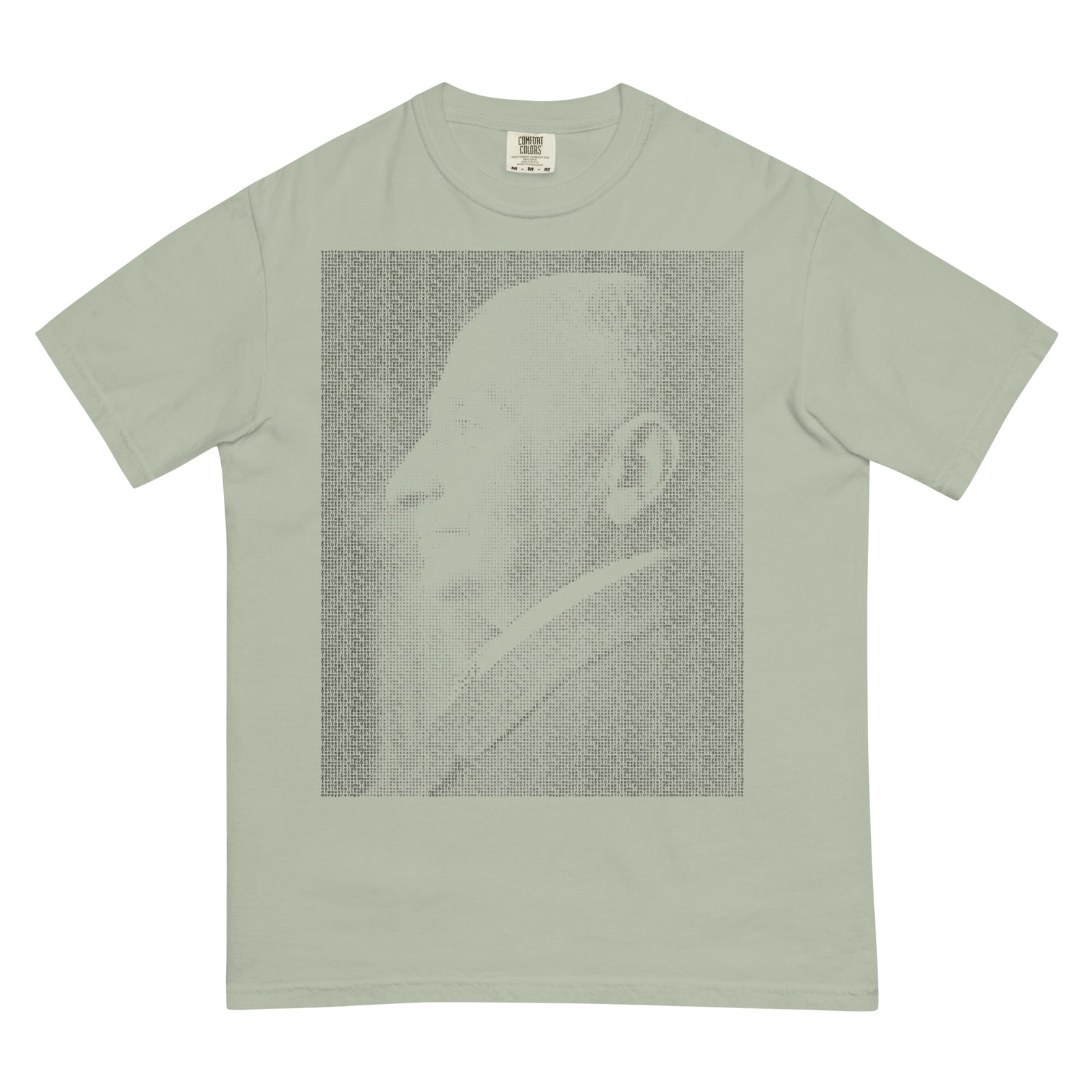 Ludwig von Mises portrait made from repeated quote text on a typographic graphic t-shirt.
