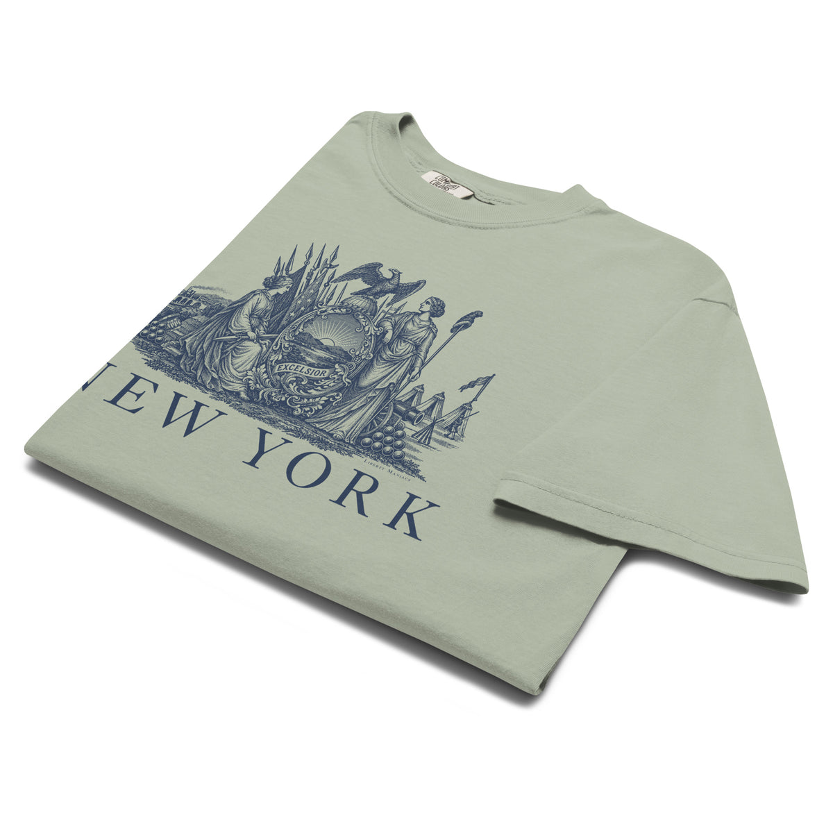 New York Vintage State Seal Garment-dyed Heavyweight T-Shirt in the color Bay folded flat