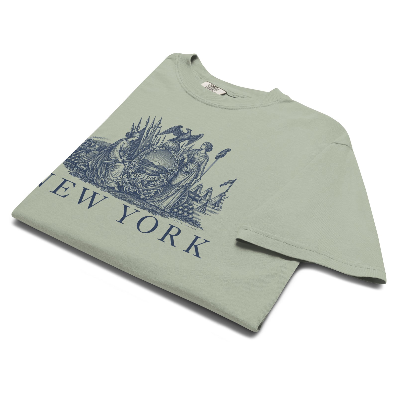 New York Vintage State Seal Garment-dyed Heavyweight T-Shirt in the color Bay folded flat