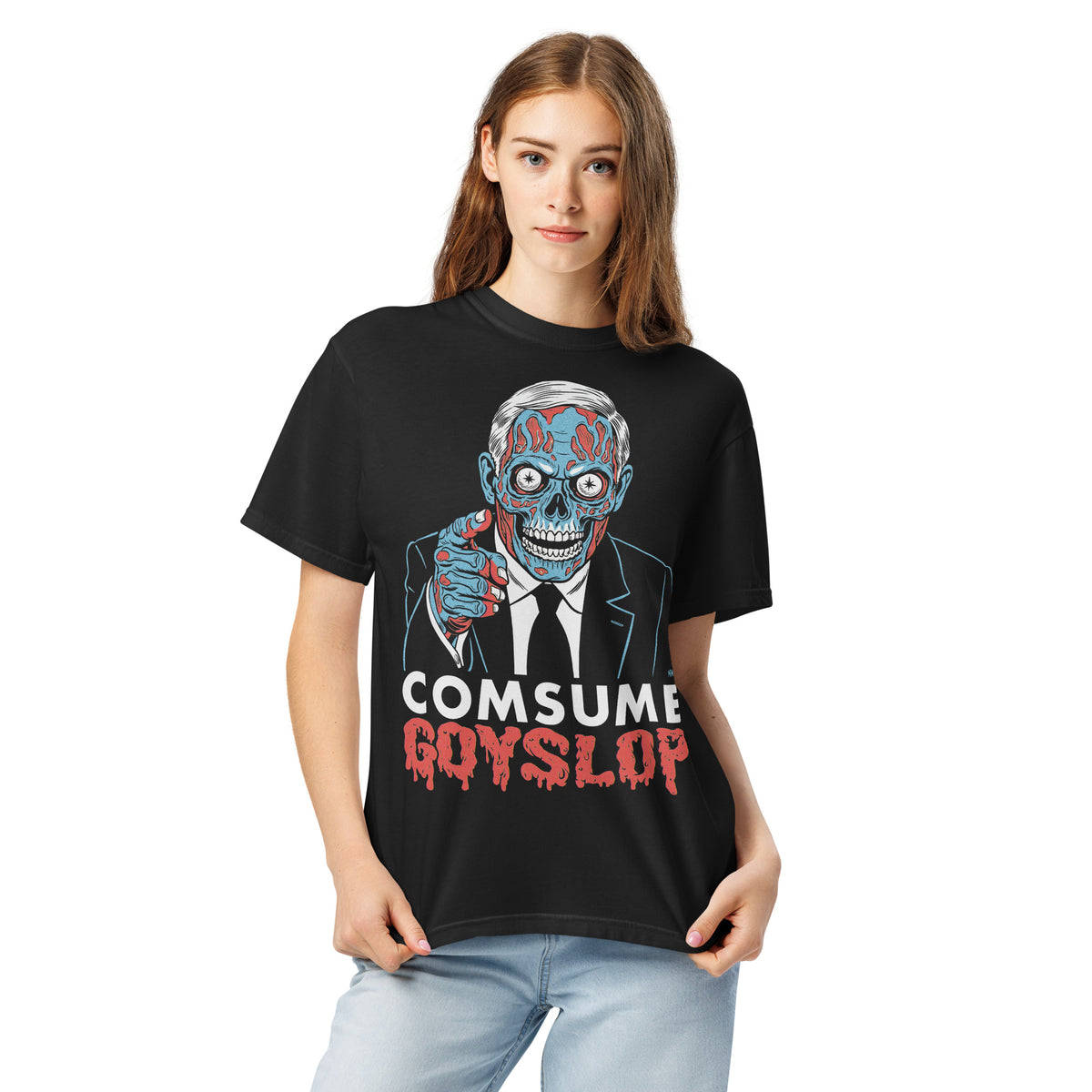 Person wearing a black t-shirt with a graphic design and text on a white background