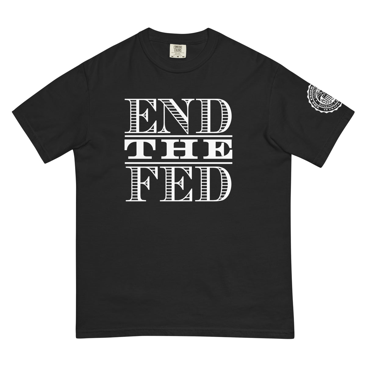 Front view of black “End the Fed” heavyweight T-shirt – Ron Paul 90th Birthday Tribute